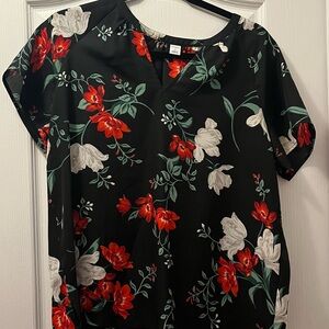 Old Navy Black Floral Split-Neck Blouse with Red & White Flowers